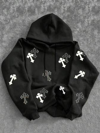 Manfinity EMRG Sudadera con capucha casual de hombre con estampado de cruz y cordón, otoño