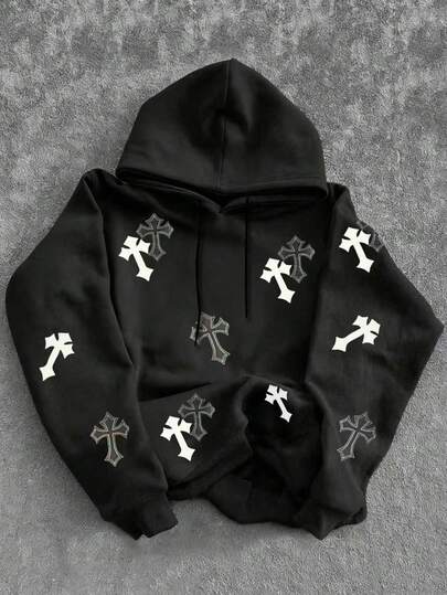 Manfinity EMRG Sudadera con capucha casual de hombre con estampado de cruz y cordón, otoño