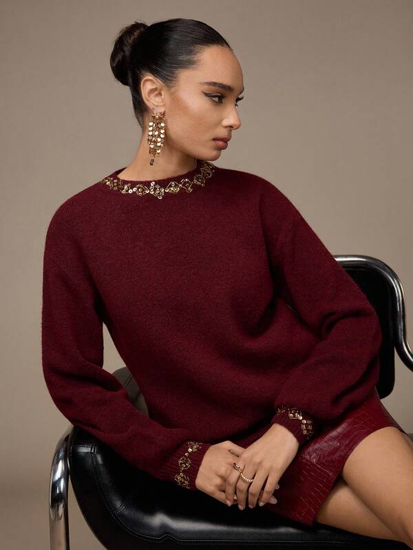 NOVVYNE Handgefertigter bestickter Weihnachts-Rot Lässig Strick Pullover für Damen