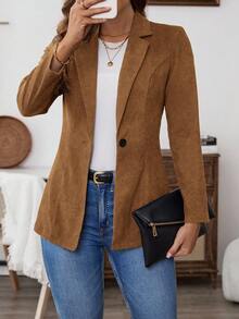 EMERY ROSE Women's Solid Color Single-Breasted Fitted Elegant Long Sleeve Blazer - Khaki - View 6