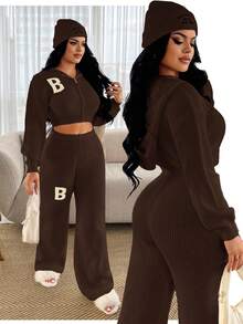 SHEIN SXY Women Brown Casual Hooded Drop Shoulder Long Sleeve Knitwear Zipper Cardigan With Letter Pattern - Brown - View 5