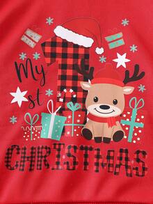 两件套男婴圣诞红色针织圆领长袖上衣（印花图案）和红色针织卫衣及裤子套装，适合秋冬季外出和休闲穿着。 - 紅色 - 查看 8