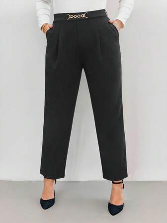 SHEIN Privé 大码女式腰链装饰褶皱口袋优雅长裤