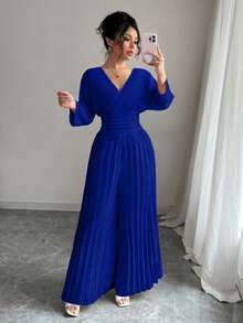 Rafferiza Women's Solid Color V-Neck Batwing Sleeve Pleated Wide Leg Elegant Jumpsuit Royal  Elegant Jumpsuits Blue Long Jumpsuit Royal Blue Elegant Jumpsuit - Royal Blue - View 7