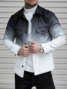 Manfinity CasualCool 男士休闲时尚渐变色翻盖口袋大衣，秋冬 - 黑與白 - 查看 3