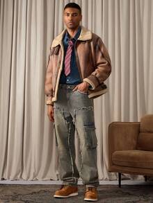 RivetRise 休闲宽松多口袋做旧男士牛仔裤，欧美街头风 - 藍色 - 查看 3