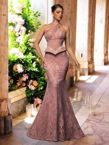 Glamrae Đầm đuôi cá sang trọng, thanh lịch với chất liệu ren và hạt cườm, thiết kế phối ghép, chất liệu co giãn, hở lưng gợi cảm, phù hợp cho đám cưới, tiệc tùng, lễ hội, dạ hội, tiệc tối, ngày Valentine. - Bụi hồng - Xem 3