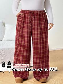 SHEIN CURVE+ Plus Size Women's Lace Up Checkered Straight Leg Loose Casual Pants, Red Checkered Christmas Pants Y2k Baggy