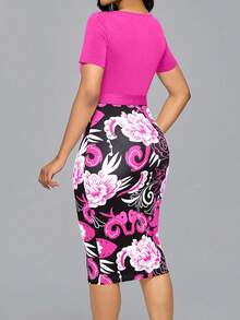 SHEIN Unity 女士优雅印花拼色通勤连衣裙 - 玫紅色 - 查看 2