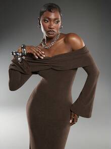 Normani Women's Elegant Off-Shoulder Solid Color Dress, Suitable For Party - Coffee - View 1