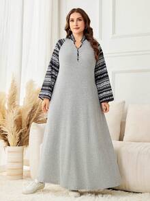 Lacomfia 大码女式休闲宽松针织连衣裙，印花图案，秋冬款 - 灰色 - 查看 3