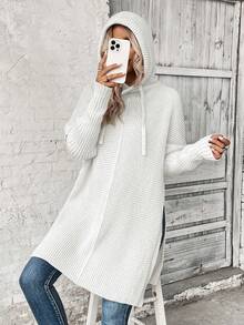 EMERY ROSE Casual Solid Color Loose Fit Long Sleeve Hooded Women Sweaters - White - View 7