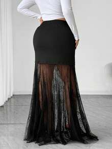 Elenzga Plus Size Women Elegant Knitted Elastic Lace Patchwork Black Mermaid Hem Midi Skirt, Suitable For Back To School, Graduation, Holidays, Valentine's Day, Music Festivals, Mother's Day, Halloween, Thanksgiving, Easter, National Day, Dances, Dates, Parties, Weddings, Outdoor Trips - Black - View 2