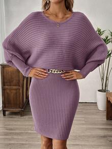 SHEIN LUNE 女士纯色灯笼袖罗纹针织毛衣连衣裙 - 紫色 - 查看 4