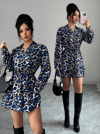 Elenzga Vestido de manga larga con volantes y estampado de leopardo para mujer