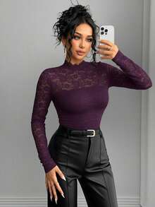 Selianne 女士法式领修身优雅蕾丝长袖T恤 - 紫色 - 查看 5