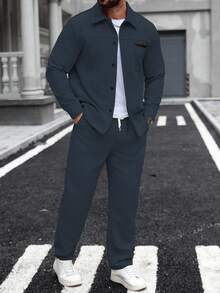 Manfinity Homme 男士灯芯绒套装，藏蓝色，常规长度，长袖翻领外套和裤子两件套，男士蓝色套装 - 藏蓝色 - 查看 6
