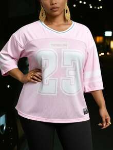 Slaydiva New Spring/Summer Casual Street Sports Competition Design Contrast Color Stripe Numeric Letter Slogan Logo All-Over Print Plus Size Women T-Shirt - Pink - View 4