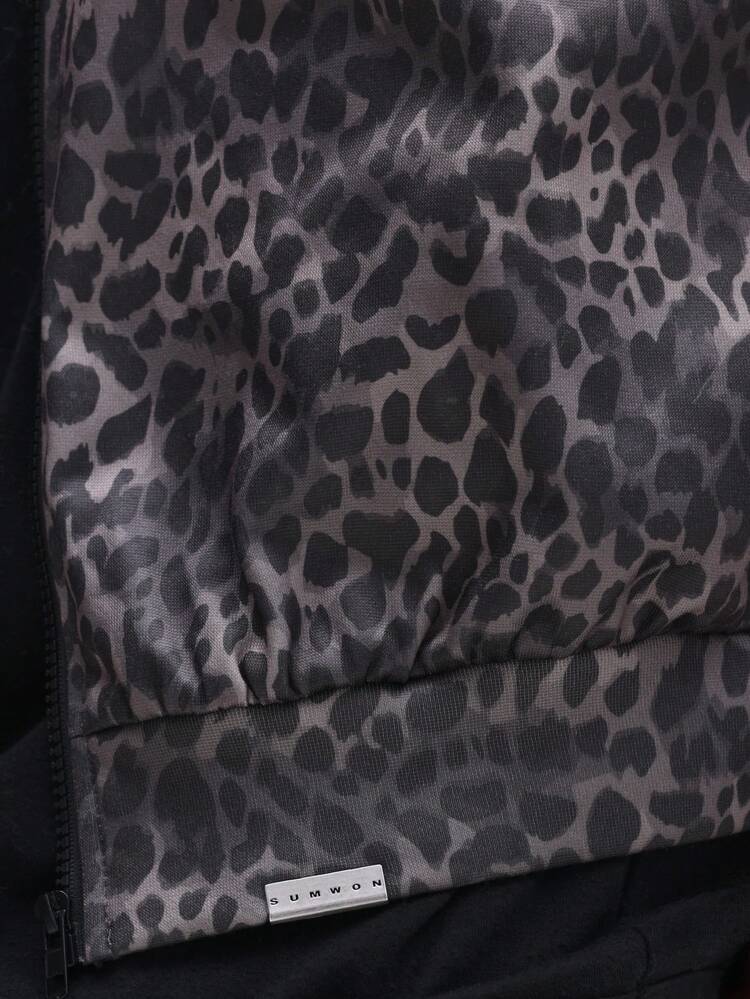 Leopard Print Zip Up Hoodie With Drawstring