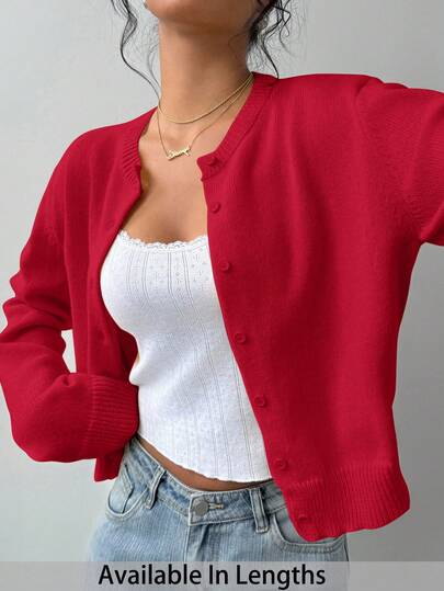 SHEIN Tall CURVE 大码休闲纯色圆领长袖宽松短款女式毛衣开衫