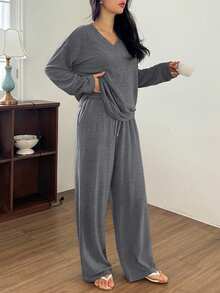 DAZY Women's Simple Brushed Knit Loose Long Sleeve Top And Pants 2 Pieces Pajama Set, Autumn/Winter - Navy Blue - View 4