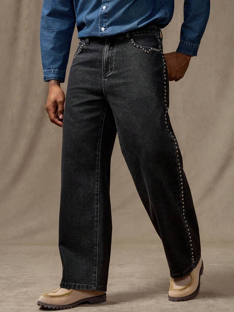 Manfinity Homme Quần jean ống rộng dáng rộng có túi trang trí đinh tán dành cho nam - màu đen - Xem 1