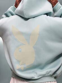 PLAYBOY X SUMWON Felpa oversize con cappuccio e coulisse, con tasca centrale, taglio corto, per uomo, comoda per l'autunno e l'inverno - Blu verde acqua - Visualizzare 7