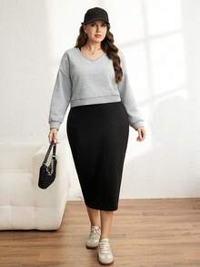 SHEIN LUNE 大码女式插肩袖V领卫衣和吊带连衣裙休闲两件套 - 彩色 - 查看 4