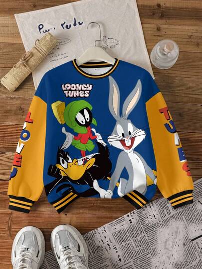 LOONEY TUNES X SHEIN Sudadera informal con cuello redondo y estampado de dibujos animados en bloques de color para niño preadolescente, otoño