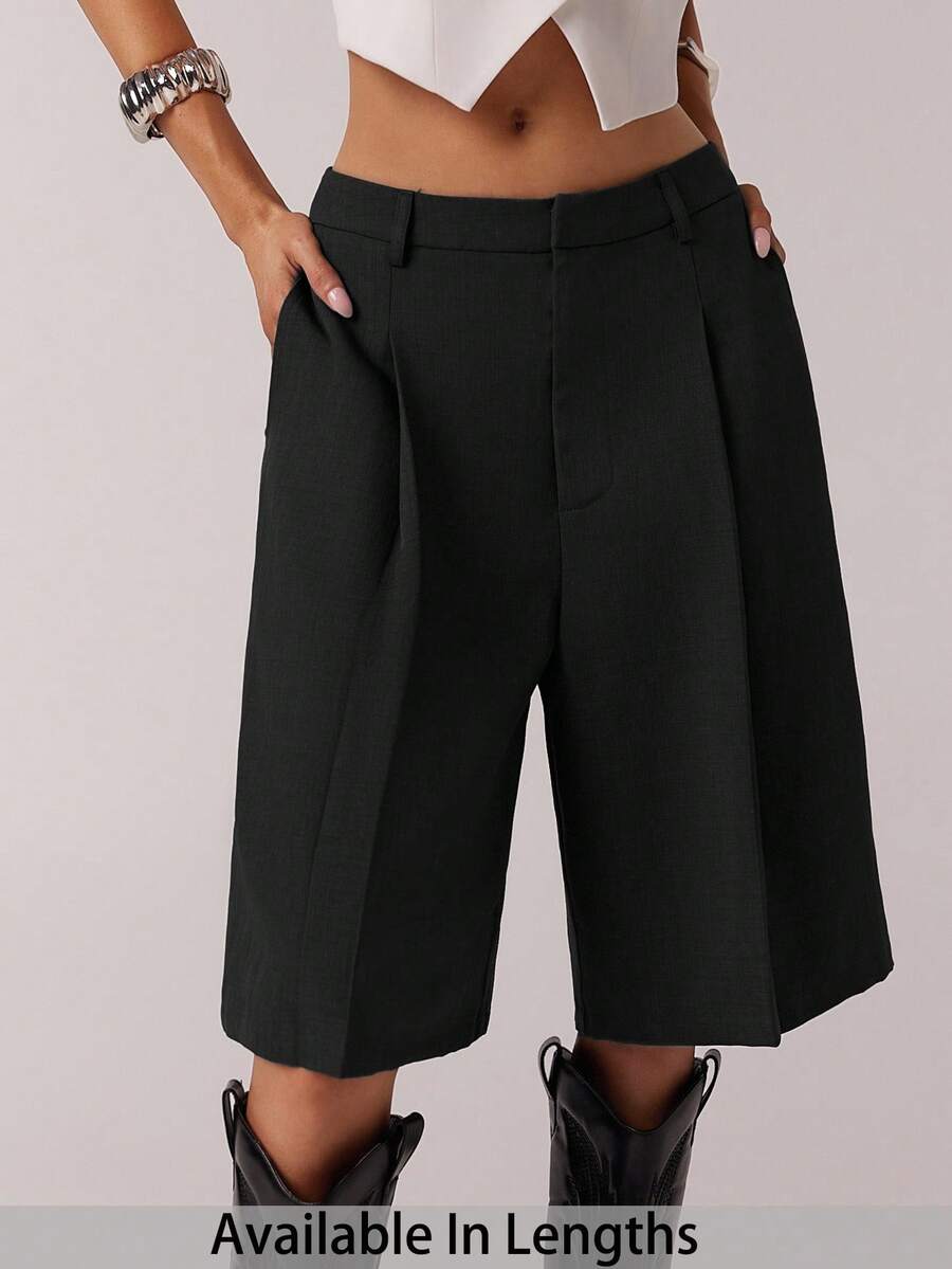 SHEIN PETITE CURVE 女士极简通勤灰色百慕大短裤，春季款 - 黑色 - 查看 1