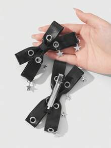 ROMWE Grunge Punk 2个Y2K风格复古优雅朋克哥特黑色皮革双透气蝴蝶结装饰DIY发夹爪发卡，适合姐妹、朋友日常佩戴或节日礼物，万圣节 - 黑色-14 - 查看 2