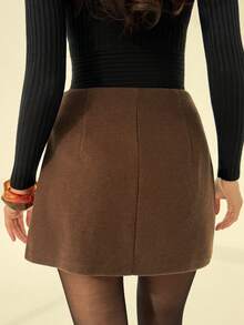 Aloruh Falda con decoración metálica y bajo asimétrico de moda para mujer, otoño - Caqui - Ver 2