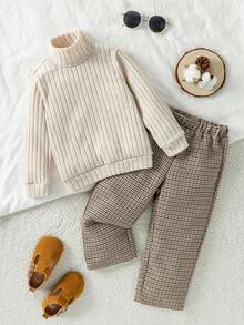 Souflis Souflis 2 件套小男孩罗纹高领上衣和格子裤套装，分层穿搭，百搭秋冬 - 彩色 - 查看 1