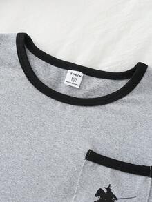 3pcs Set Navy Blue Bathrobe & Solid Gray Plush Pajamas, Small Logo Design For Tween BoySleepwear Homewear Set - Multicolor - View 4