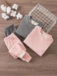 SHEIN 两件套女童舒适保暖可爱猫咪印花长袖睡衣套装，包含上衣和裤子，柔软保暖，适合秋冬季穿着。 - 粉色 - 查看 1