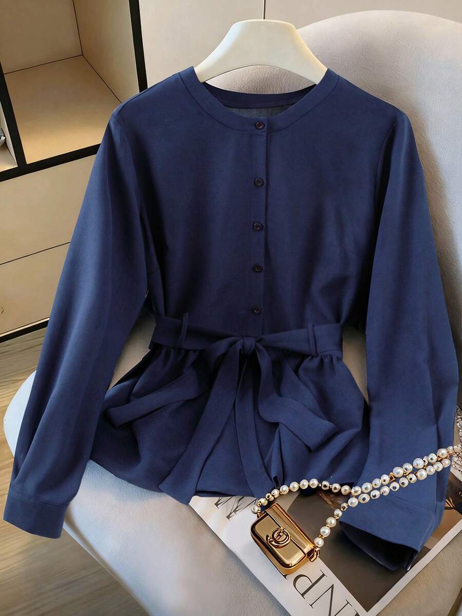 GlowEve CURVE Plus Size Women's Solid Color Round Neck Button Down Waist Tie Bow Blouse, Elegant Casual Everyday Shirt - Blue - View 1
