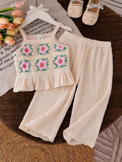 SHEIN Baby Girl Casual Daily Chic Floral Embroidery Camisole And Solid Color Pants Set, Lovely Sunsuit For Outdoor Activities In Summer