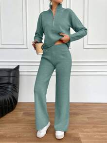 EURMUSE Zweiteiler für kleine Frauen bestehend aus Pullover mit Reißverschluss und Sweathose - Minzgrün - Übersicht 4