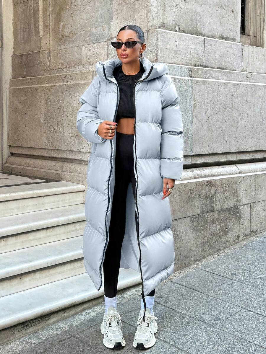 EURMUSE Contrast Zip And Puller Detailed, Keep Warming Feature Long Line Puffer Winter Coat - Baby Blue - View 1