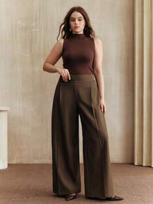 Anewsta Plus Size Women Fashionable Slimming Elegant Wide Leg Pants - Brown - View 6