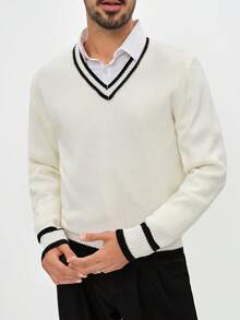 Manfinity CityGents 男士长袖休闲撞色滚边针织衫，秋冬男士毛衣上衣，时尚针织套装