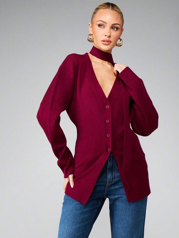 MISSGUIDED Burgundy Structured Curved Sleeve Cardigan With Mock Neck Scarf Detail Fall Winter Knitwear