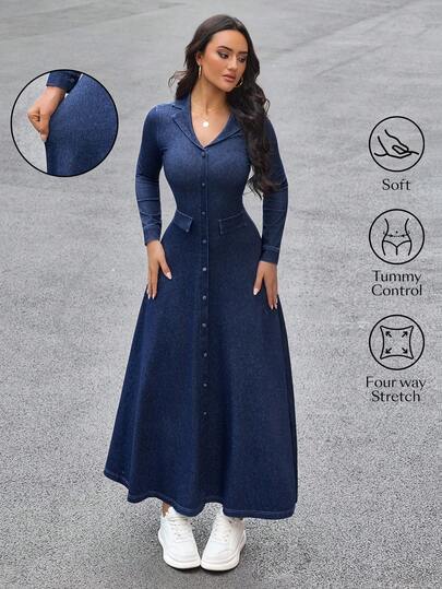 Flexra Women's Lapel NeckLong Sleeve Single-Breasted Casual Denim Dress