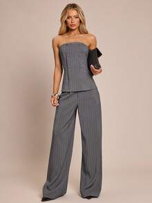 SHEIN Glamour Bộ đồ thường ngày áo hai hàng khuy kẻ sọc và quần dài cho nữ - Xám - Xem 4