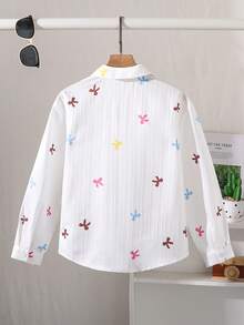 1 pieza Camisa de manga larga con botones y cuello para niñas, a rayas, con gráfico bordado, top casual para otoño - Blanco - Ver 2
