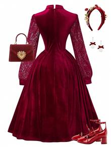 فستان أنيق وأنيق للبنات والمراهقات. تصميم بتقنية الكشكشة والتنجيد الحريري، طوق صيني عالي، أكمام طويلة، مناسب للحفلات والمناسبات والأعياد. مناسب للموسم الخريفي والشتوي - عنابي اللون - مشاهدة 2