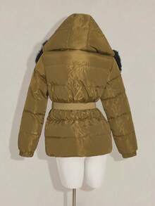 SHEIN ICON Áo khoác mùa đông thường ngày có mũ trùm đầu, cổ lông giả, thắt eo, khóa kéo phía trước dành cho nữ - màu nâu - Xem 2