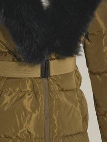 SHEIN ICON Áo khoác mùa đông thường ngày có mũ trùm đầu, cổ lông giả, thắt eo, khóa kéo phía trước dành cho nữ - màu nâu - Xem 7