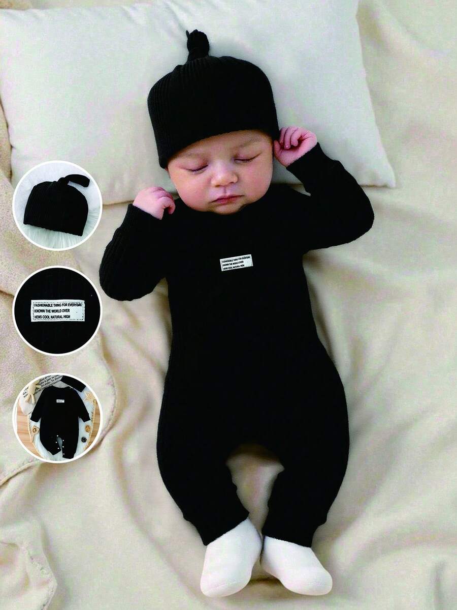 SHEIN Newborn Ribbed Knit Casual Long Sleeve Jumpsuit With Round Neck And Shoulder Opening, Comes With Adorable Hat
