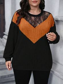 Easura 大码女式花卉蕾丝拼接撞色圆领长袖休闲卫衣 - 彩色 - 查看 4